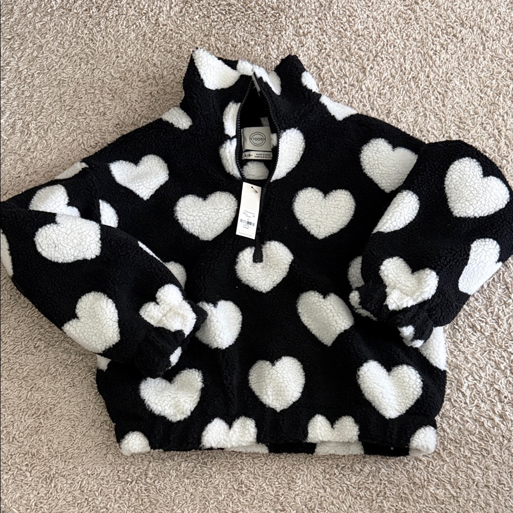 Stoosh Black Sherpa Pullover with White Heart Pattern
